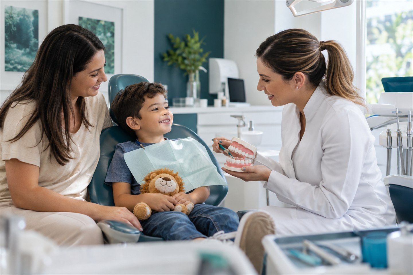 Cena ilustrativa de cuidado odontológico infantil com responsável